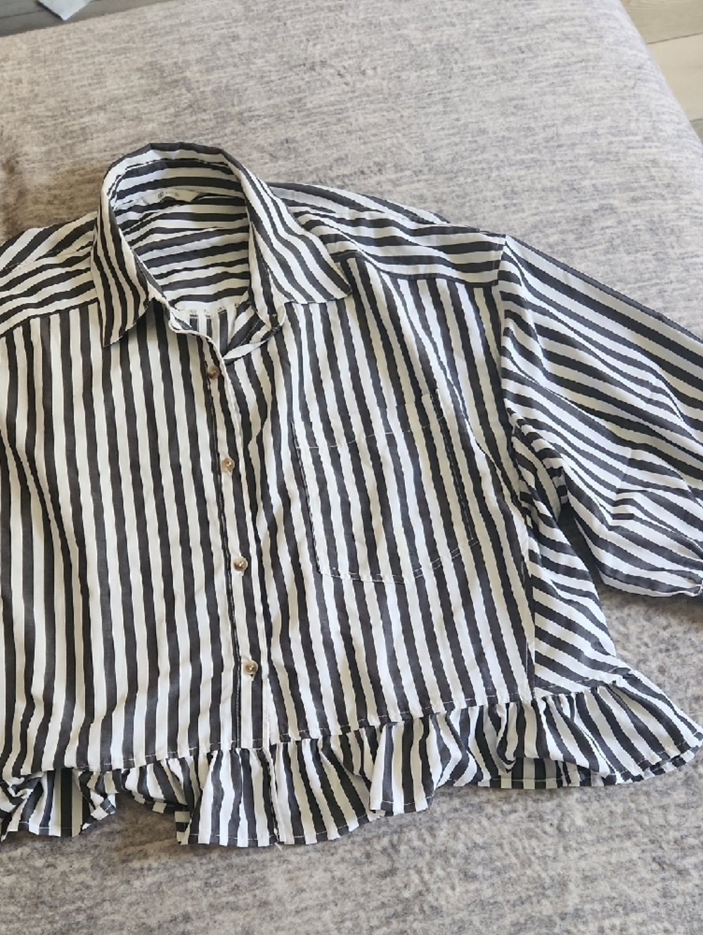 Women’s Black and White Stripe Ruffle Hem Blouse - Picture 2 of 3
